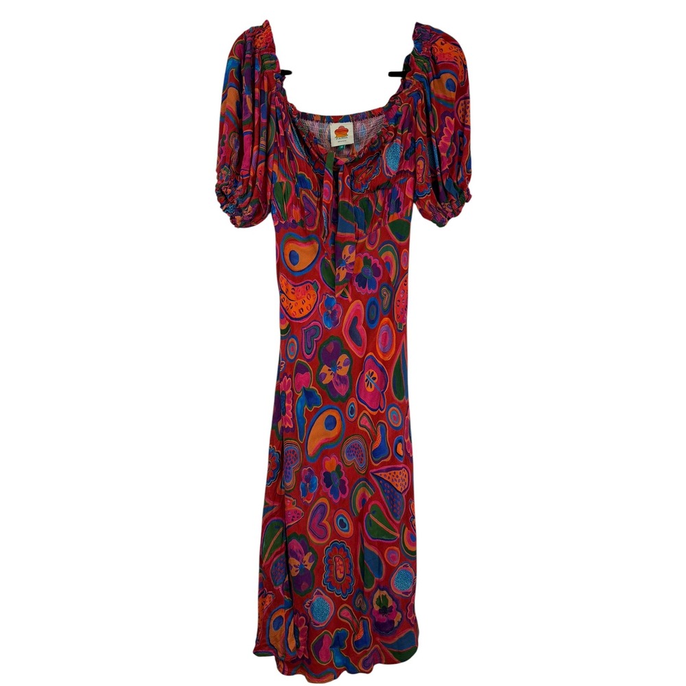 Farm Rio Psychedelic Floral Fruit Print Puff Sleeve Smocked Midi Dress XS